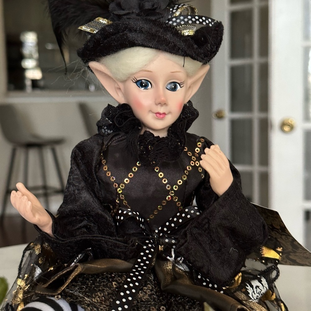 Halloween Elf Miss Match Witch Doll Shelf sitter/18” Black Gold Dress NWT - Picture 4 of 9